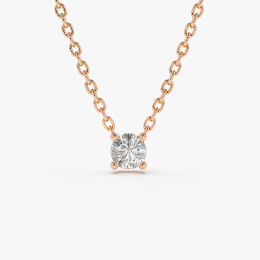 Four Prongs Solitaire Diamond Necklace | 14K Gold Lab Grown Round Cut | Classic Engagement Gift