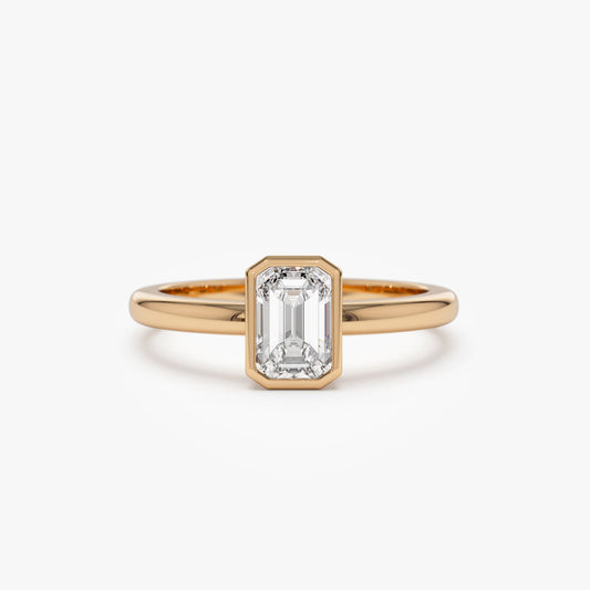 Bezel Set Emerald Cut Engagement Ring | 14K Gold Secure Setting Lab Diamond | Modern Wedding Band for Her
