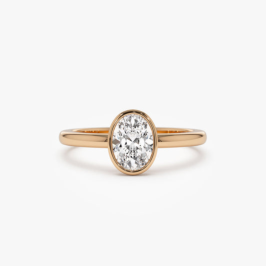 Oval Bezel Set Diamond Ring | 14K Gold Lab Grown Solitaire Band | Unique Engagement Ring for Women