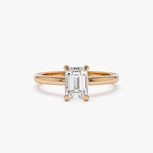 Emerald Cut Four Prong Ring | 14K Gold Step Cut Lab Diamond | Art Deco Engagement Ring