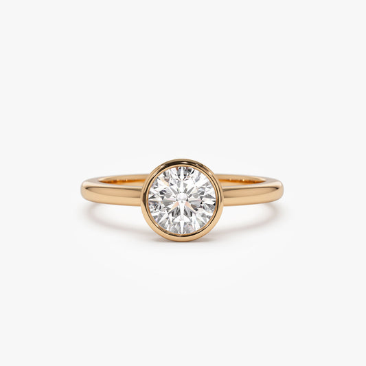 Round Bezel Set Solitaire Ring | 14K Gold Classic Engagement Band | Lab Diamond Secure Setting
