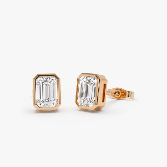 Bezel Set Emerald Cut Diamond Studs | 14K Gold Secure Setting | Modern Lab Grown Jewelry | Gift for Her