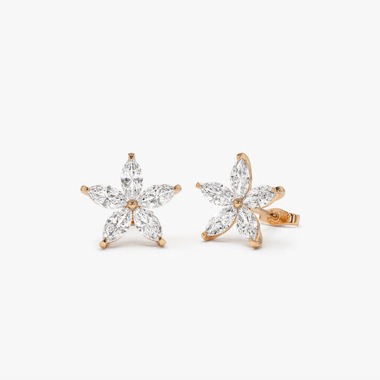 Marquise Floral Diamond Studs | 14K Gold Lab Grown Botanical Design | Unique Earrings for Women