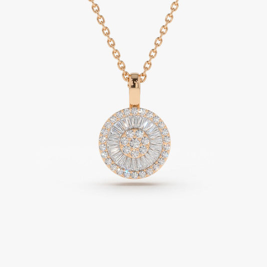 Baguette Diamond Disc Cluster Necklace | 14K Gold Modern Pendant | Minimalist Stackable Necklace for Women
