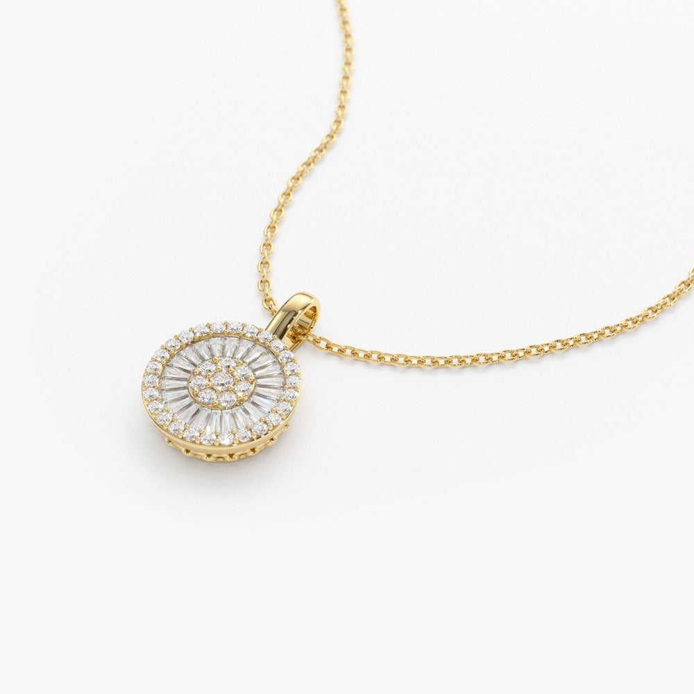 Baguette Diamond Disc Cluster Necklace | 14K Gold Modern Pendant | Minimalist Stackable Necklace for Women