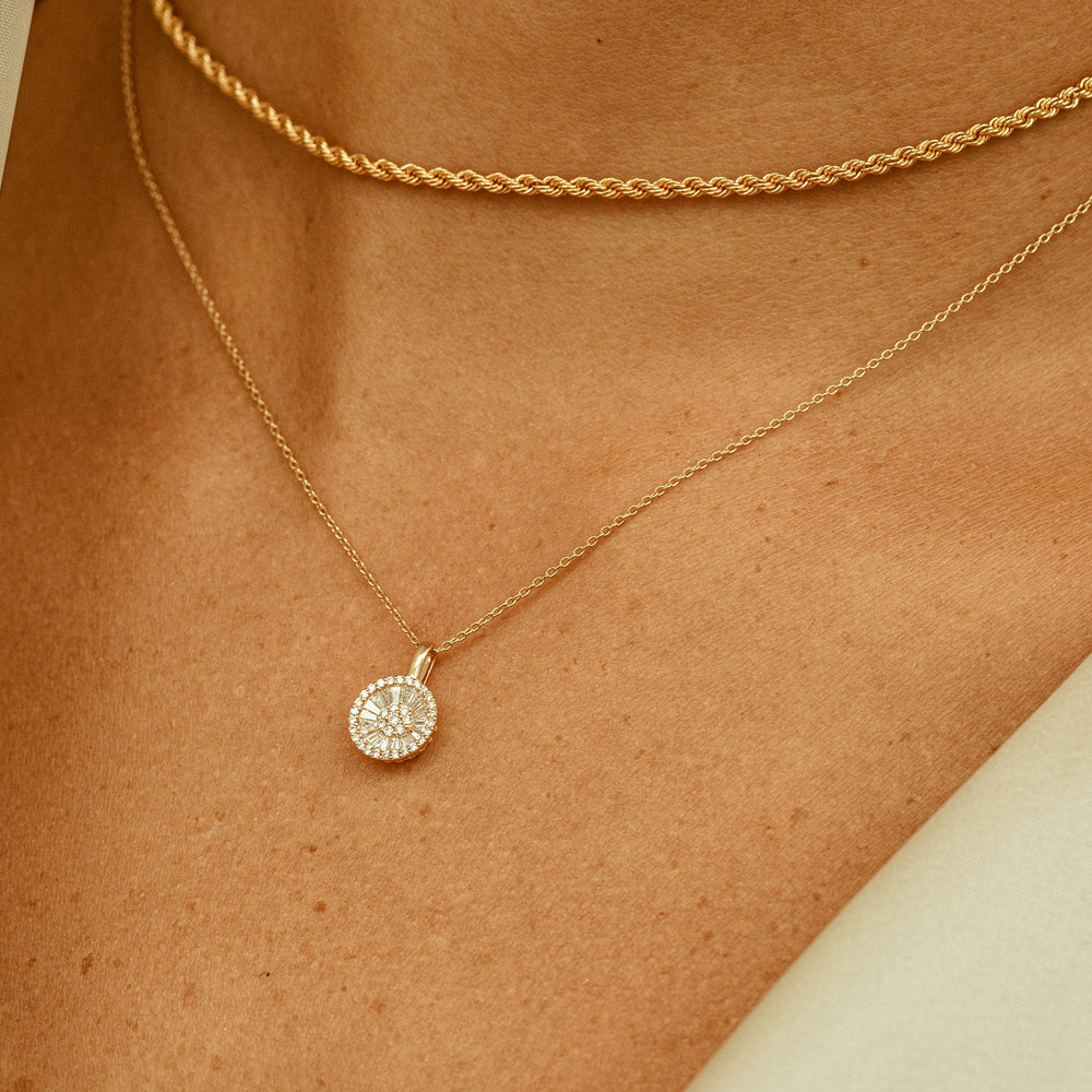 Baguette Diamond Disc Cluster Necklace | 14K Gold Modern Pendant | Minimalist Stackable Necklace for Women