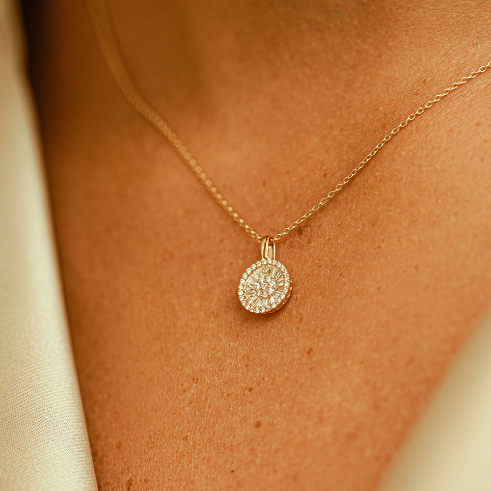 Baguette Diamond Disc Cluster Necklace | 14K Gold Modern Pendant | Minimalist Stackable Necklace for Women