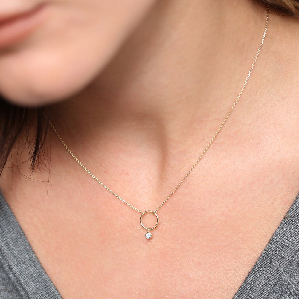 Bezel Set Diamond Circle Necklace | 14K Gold Secure Setting Pendant | Timeless Gift for Women