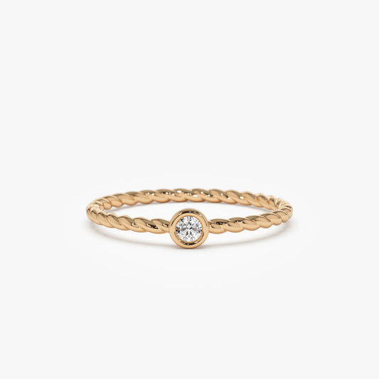 Twisted Shank Engagement Ring | Diamond with Bezel Setting | 14k Gold Unique Bridal Ring | Modern Design