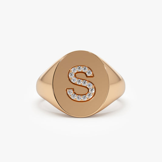 Custom Initial Signet Ring | 14k Gold Diamond Letter Ring (Letter S) | Personalized Monogram Jewelry Gift