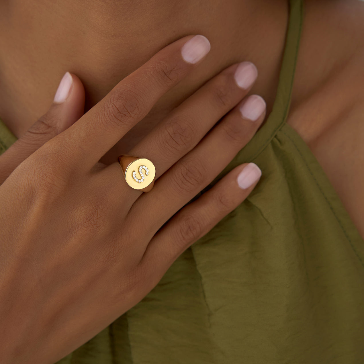 Custom Initial Signet Ring | 14k Gold Diamond Letter Ring (Letter S) | Personalized Monogram Jewelry Gift