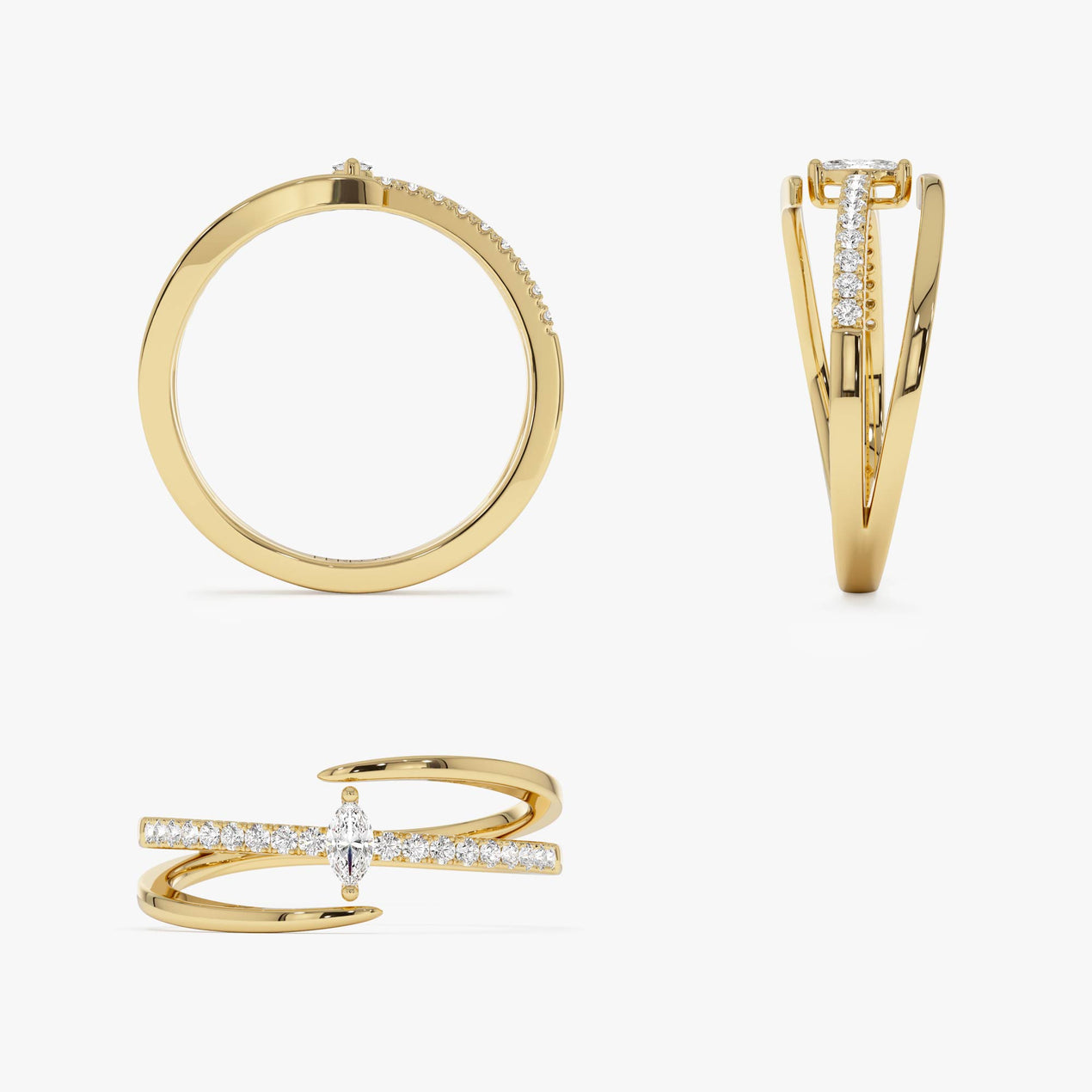 Double Band Marquise Diamond Ring | 14K Gold Pavé Setting Stackable Band | Luxury Wedding Ring Set