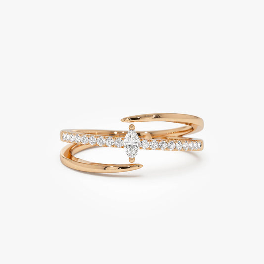 Double Band Marquise Diamond Ring | 14K Gold Pavé Setting Stackable Band | Luxury Wedding Ring Set