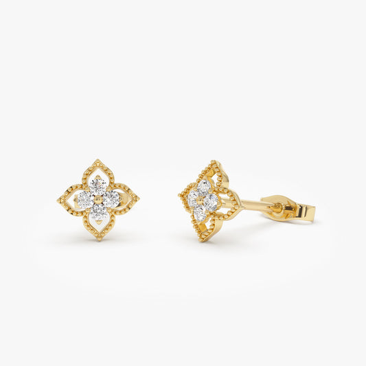 14K Gold Clover Diamond Stud Earrings | Four Leaf Clover Lucky Charm | Solid Gold Floral Earrings | VLOVE