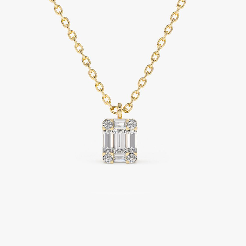 Baguette and Round Diamond Charm Pendant | 14K Gold Dainty Necklace | Stackable Gift for Her | Everyday Jewelry