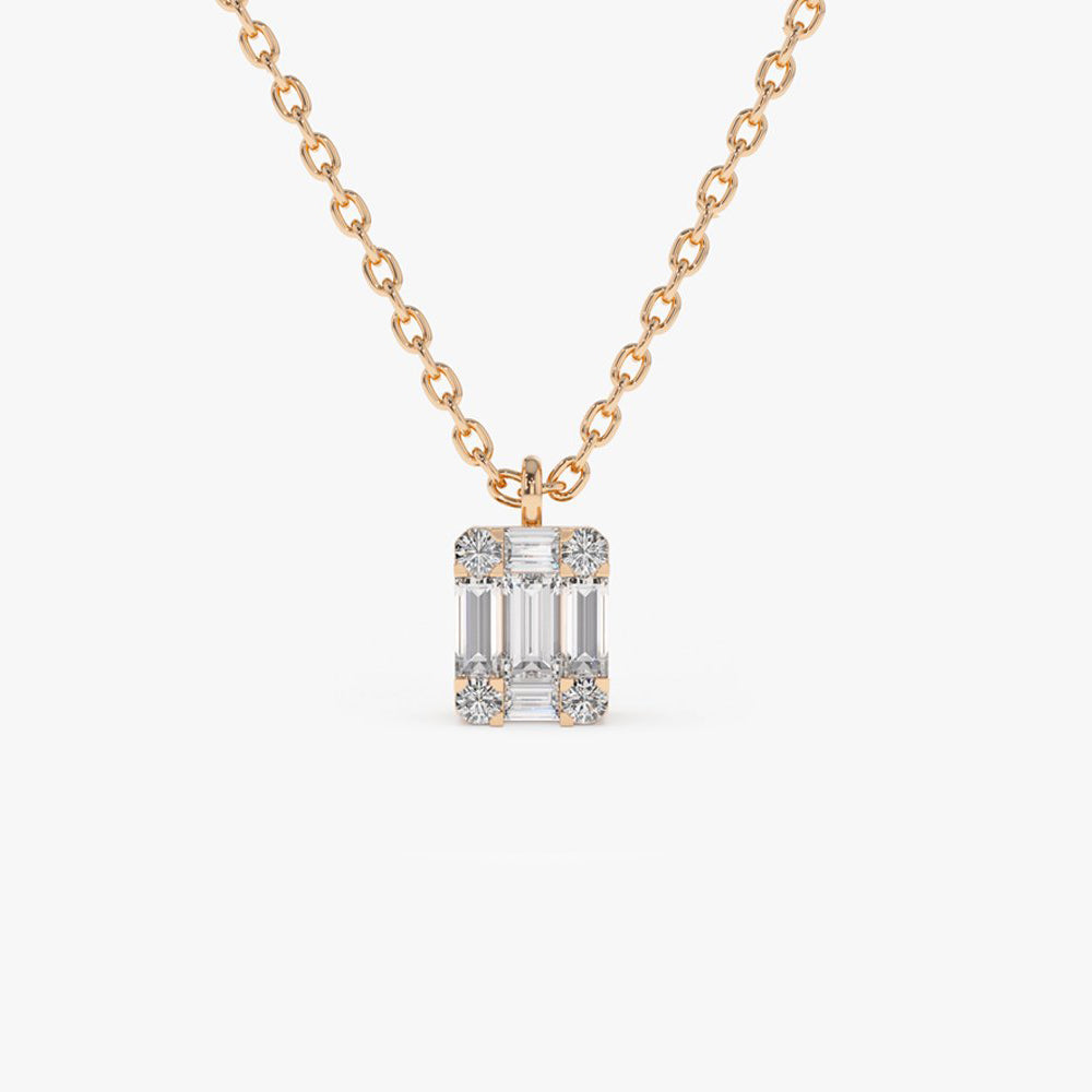 Baguette and Round Diamond Charm Pendant | 14K Gold Dainty Necklace | Stackable Gift for Her | Everyday Jewelry