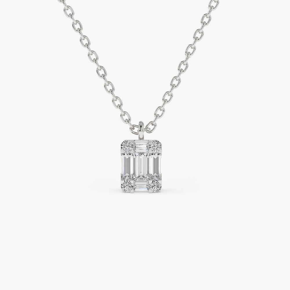 Baguette and Round Diamond Charm Pendant | 14K Gold Dainty Necklace | Stackable Gift for Her | Everyday Jewelry