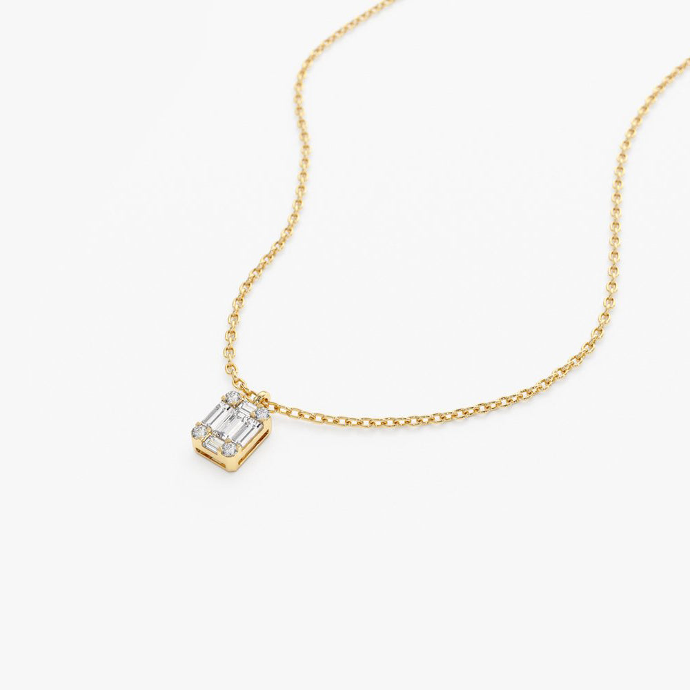 Baguette and Round Diamond Charm Pendant | 14K Gold Dainty Necklace | Stackable Gift for Her | Everyday Jewelry