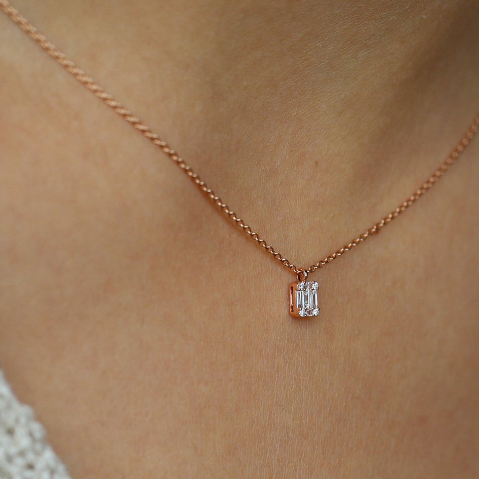 Baguette and Round Diamond Charm Pendant | 14K Gold Dainty Necklace | Stackable Gift for Her | Everyday Jewelry