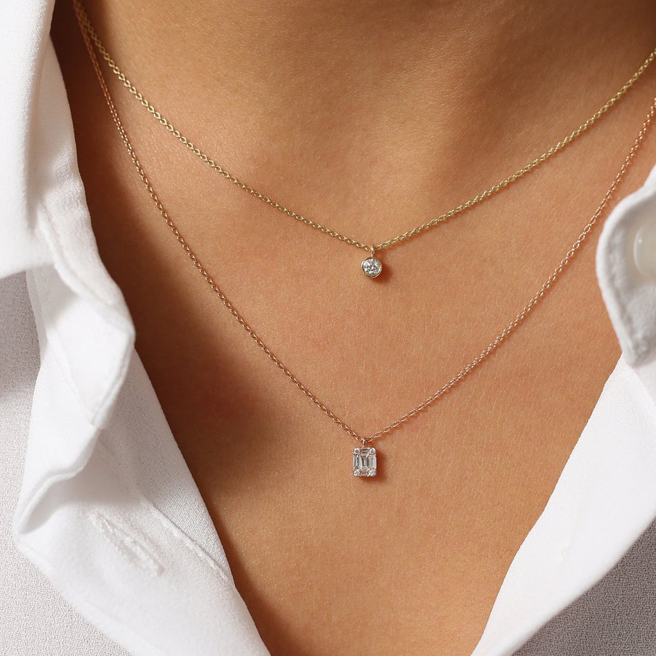 Baguette and Round Diamond Charm Pendant | 14K Gold Dainty Necklace | Stackable Gift for Her | Everyday Jewelry