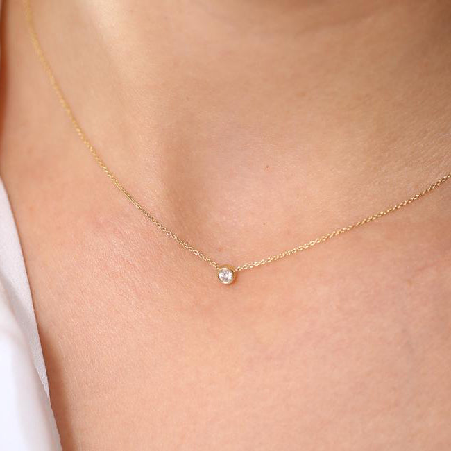 Bezel Set Diamond Solitaire Necklace | 14K Gold Secure Modern Setting | Minimalist Wedding Jewelry Gift