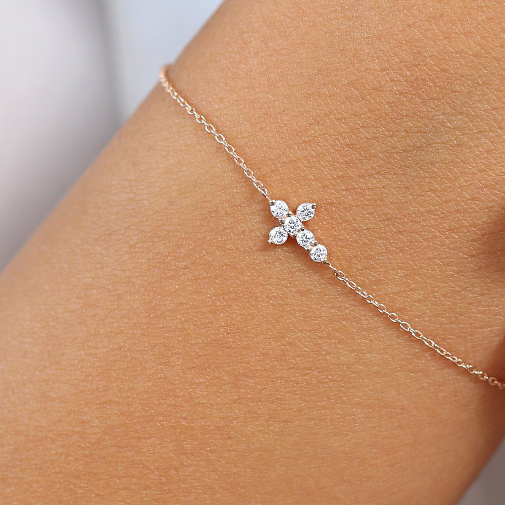 Diamond Cross Bracelet | 14K Gold Religious Jewelry | Protection Charm Gift for Her