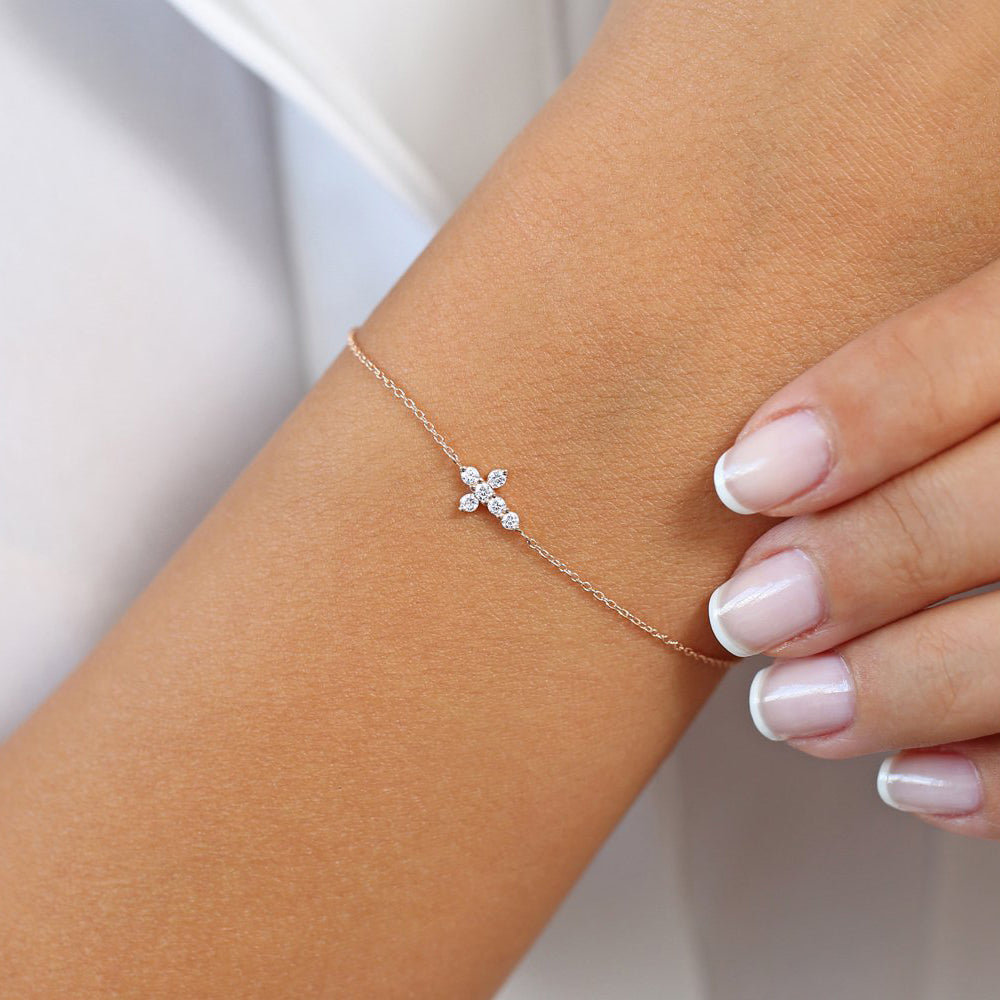 Diamond Cross Bracelet | 14K Gold Religious Jewelry | Protection Charm Gift for Her