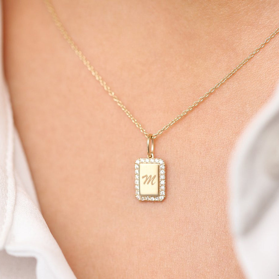Diamond Initial Tag Necklace | 14K Gold Personalized Name Jewelry | Custom Gift for Her | Monogram Necklace