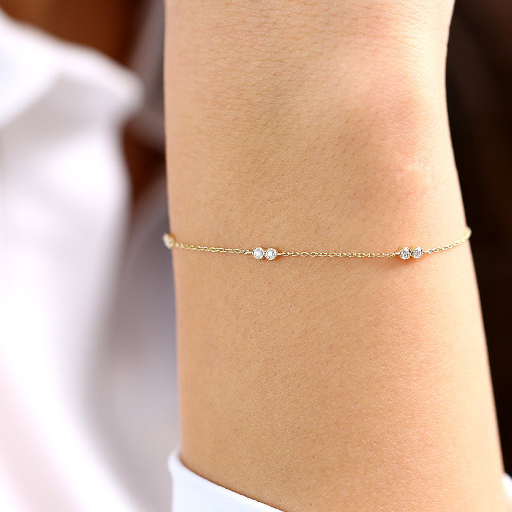 Double Diamond Station Bracelet | 14K Gold Stackable Tennis Bracelet | Minimalist Jewelry Gift for Her