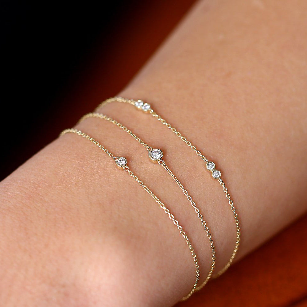 Double Diamond Station Bracelet | 14K Gold Stackable Tennis Bracelet | Minimalist Jewelry Gift for Her