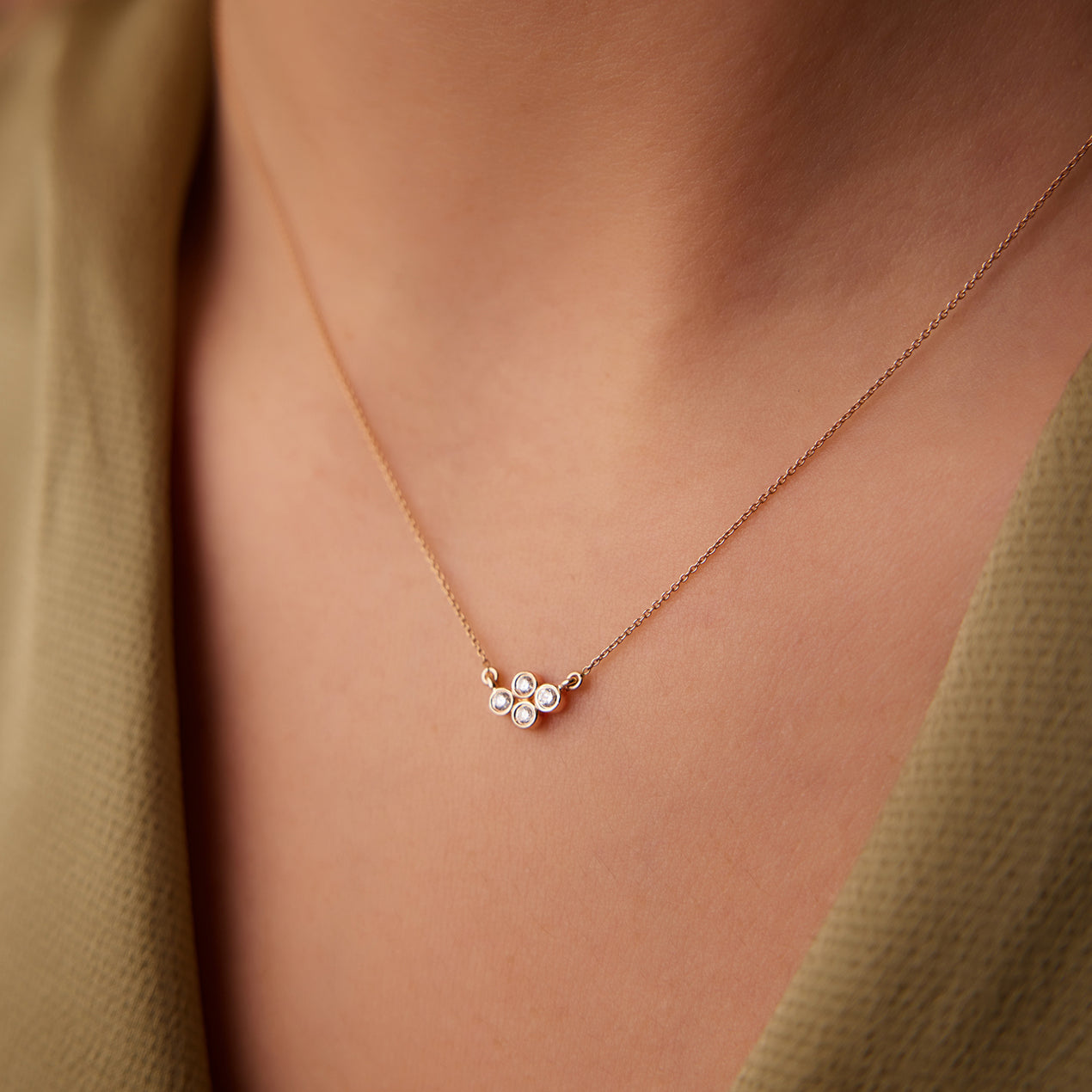 Four Stone Diamond Cluster Necklace | 14K Gold Everyday Luxury Jewelry | Wedding Anniversary Gift for Her