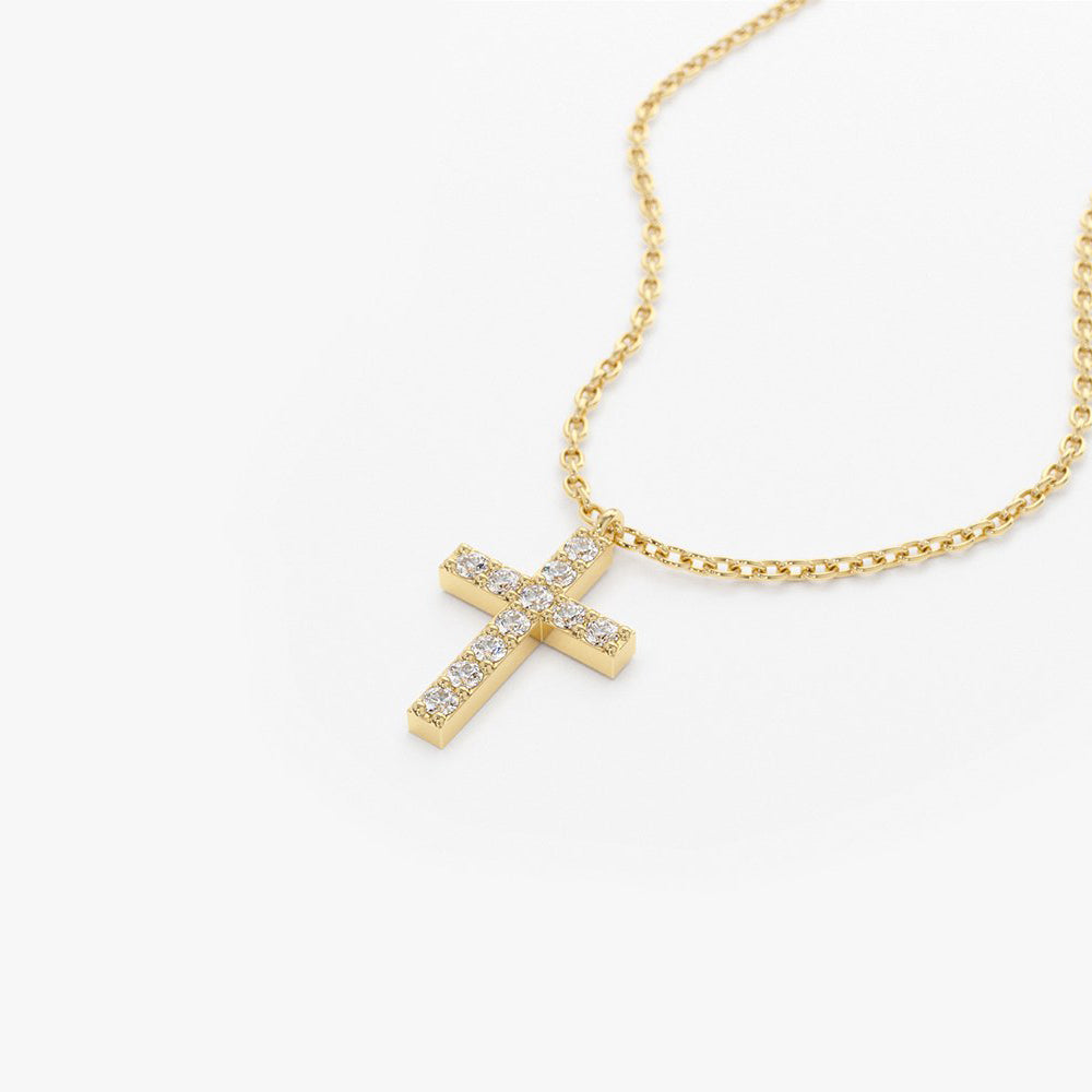 Micro Pave Diamond Cross Necklace | 14K Gold Religious Jewelry Gift | Fine Everyday Chain for Women