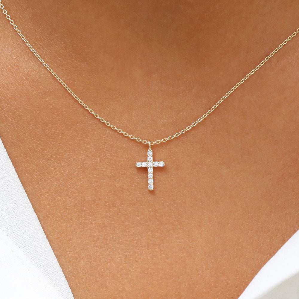 Micro Pave Diamond Cross Necklace | 14K Gold Religious Jewelry Gift | Fine Everyday Chain for Women