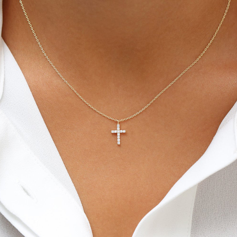 Micro Pave Diamond Cross Necklace | 14K Gold Religious Jewelry Gift | Fine Everyday Chain for Women