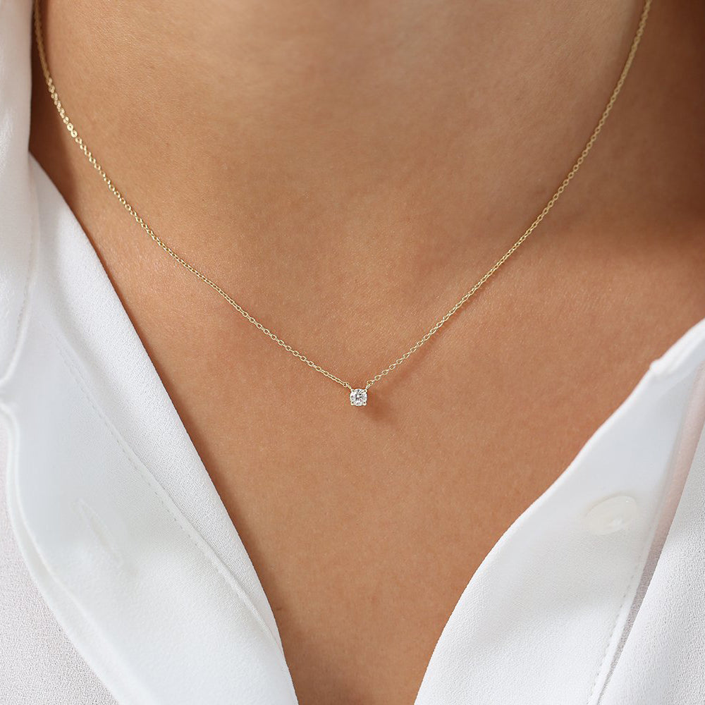 Prong Set Solitaire Diamond Necklace | 14K Gold Classic Four Prong Setting | Brilliant Cut Engagement Gift