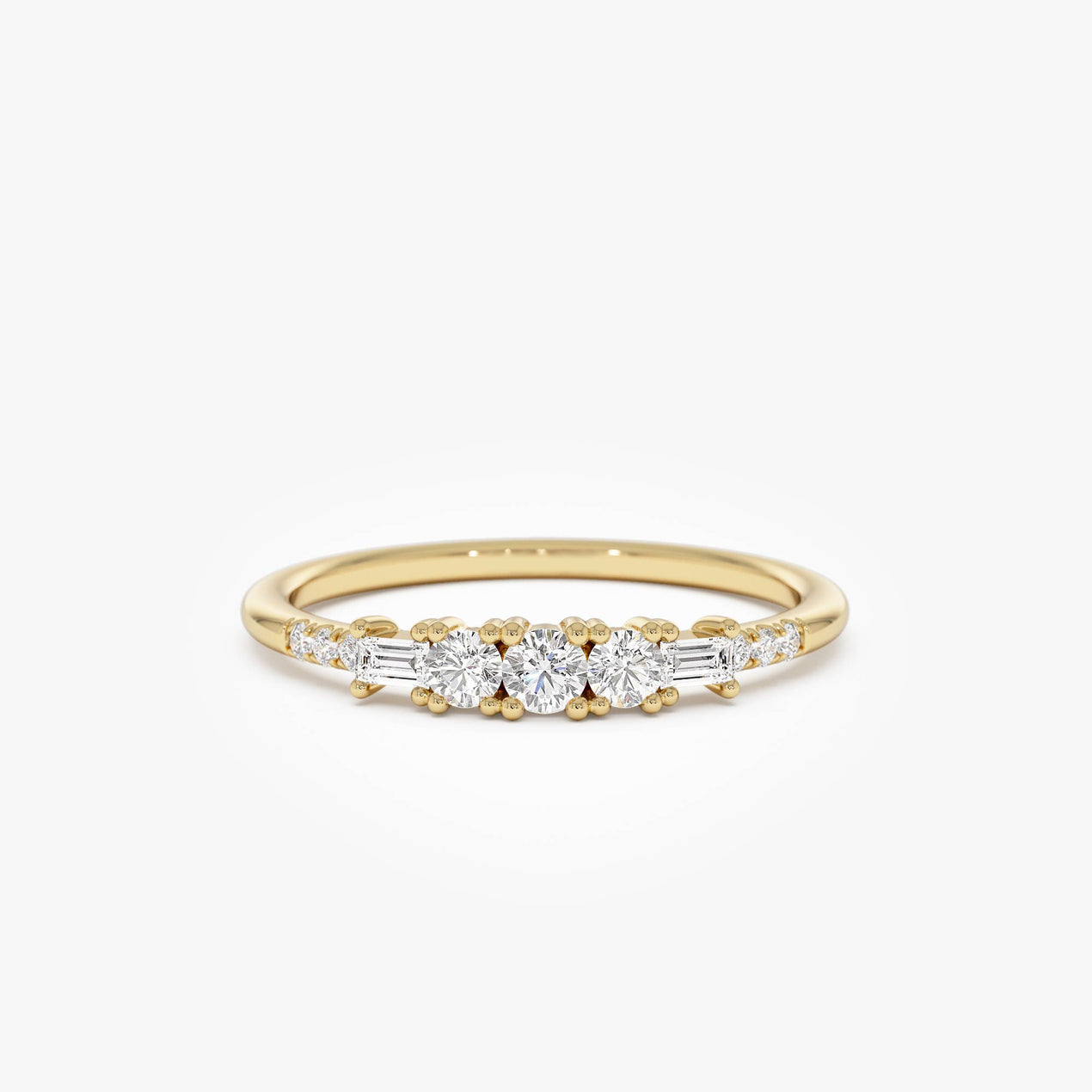 Round and Baguette Diamond Ring | 14K Gold Stackable Accent Band | Wedding Ring Set Complement | Gift for Her
