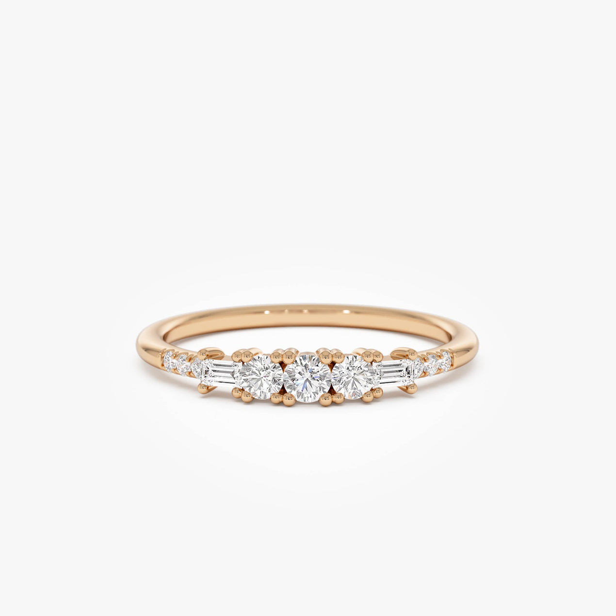 Round and Baguette Diamond Ring | 14K Gold Stackable Accent Band | Wedding Ring Set Complement | Gift for Her