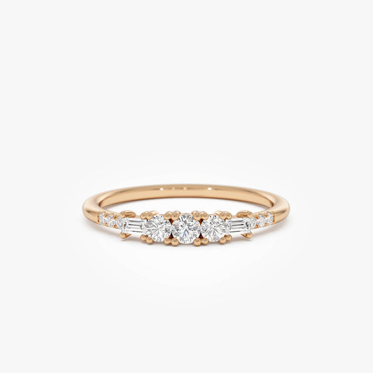 Round and Baguette Diamond Ring | 14K Gold Stackable Accent Band | Wedding Ring Set Complement | Gift for Her