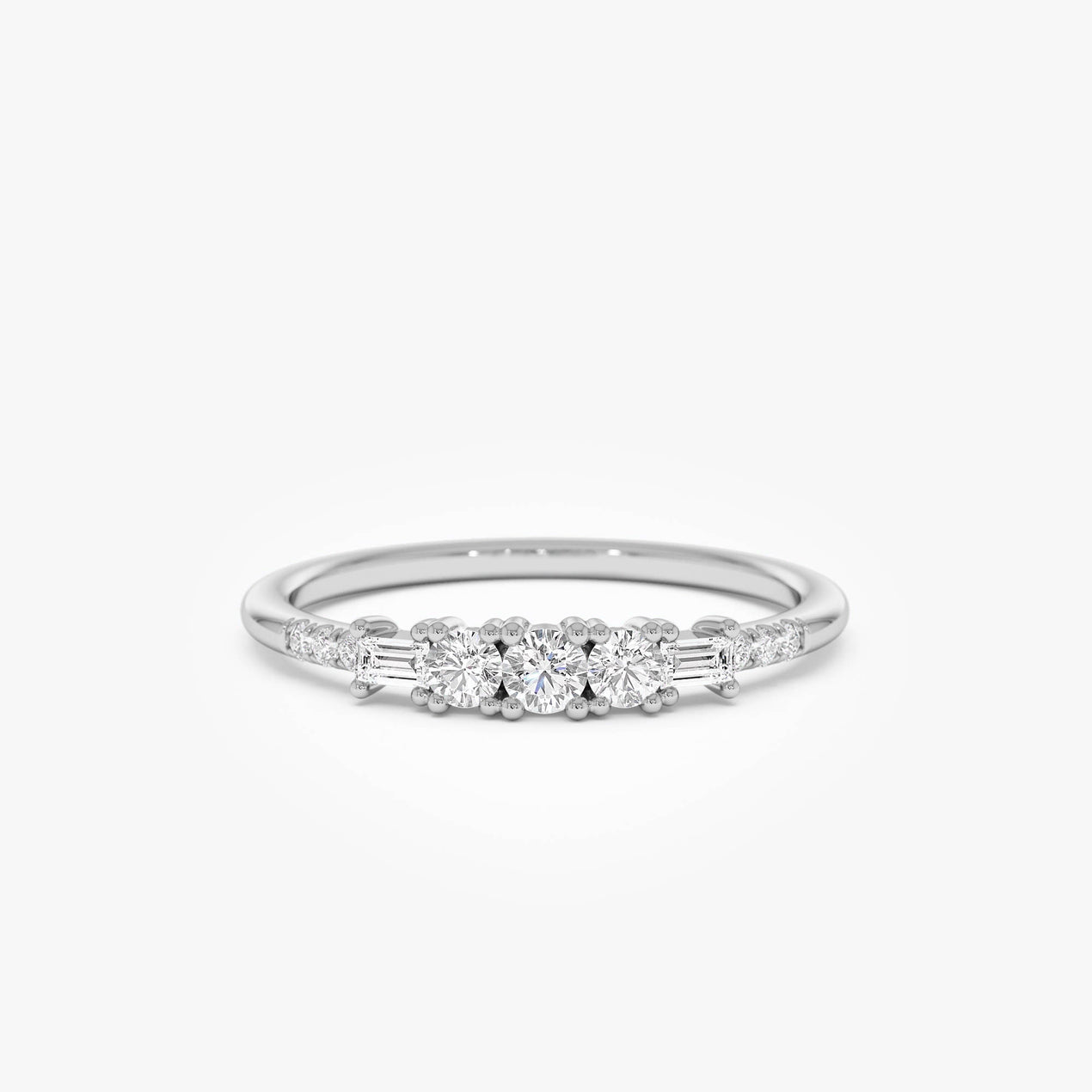 Round and Baguette Diamond Ring | 14K Gold Stackable Accent Band | Wedding Ring Set Complement | Gift for Her