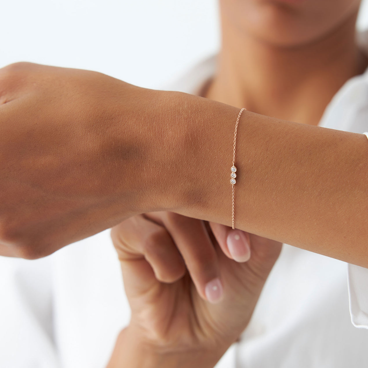 Trio Diamond Bracelet | 14K Gold Thin Chain Stackable | Minimalist Wedding Gift for Her