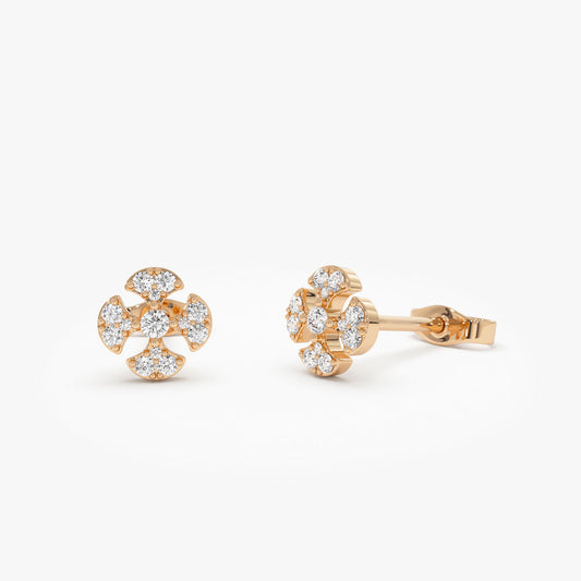 Petal Diamond Cluster Studs | 14K Gold Minimalist Floral Earrings | Delicate Everyday Earrings for Her
