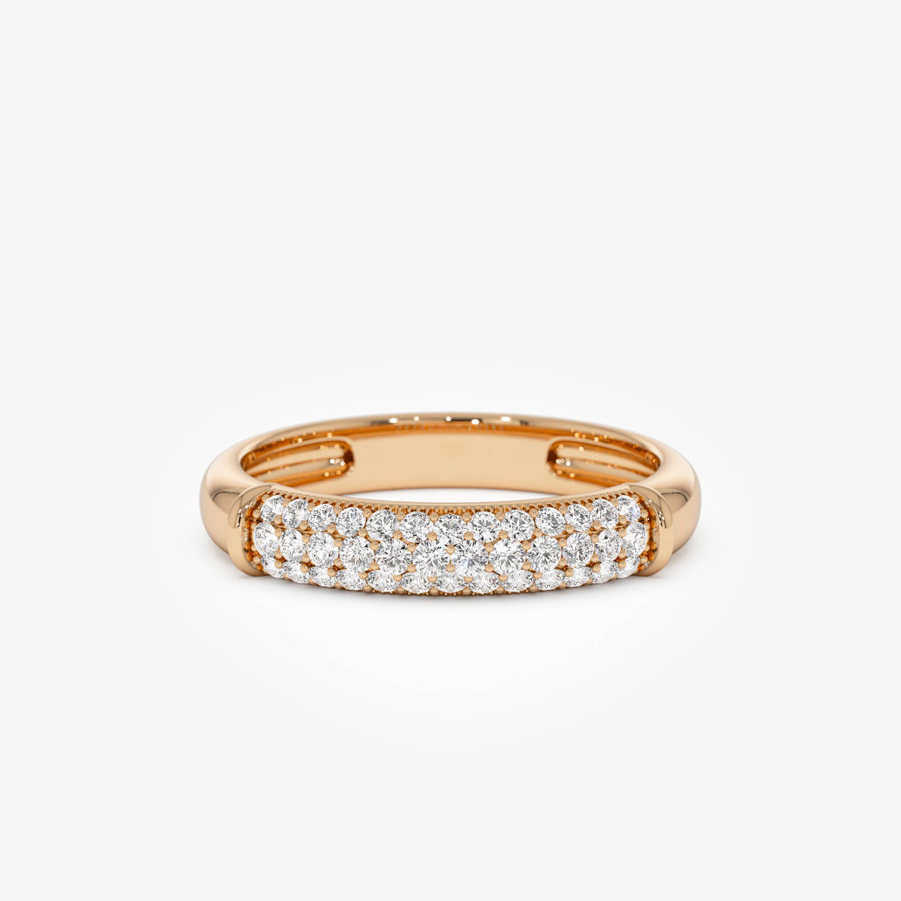 Three Row Pave Diamond Band | 14k Gold Stackable Wedding Ring | Anniversary Gift for Her