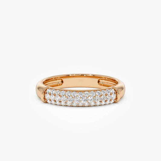 Three Row Pave Diamond Band | 14k Gold Stackable Wedding Ring | Anniversary Gift for Her