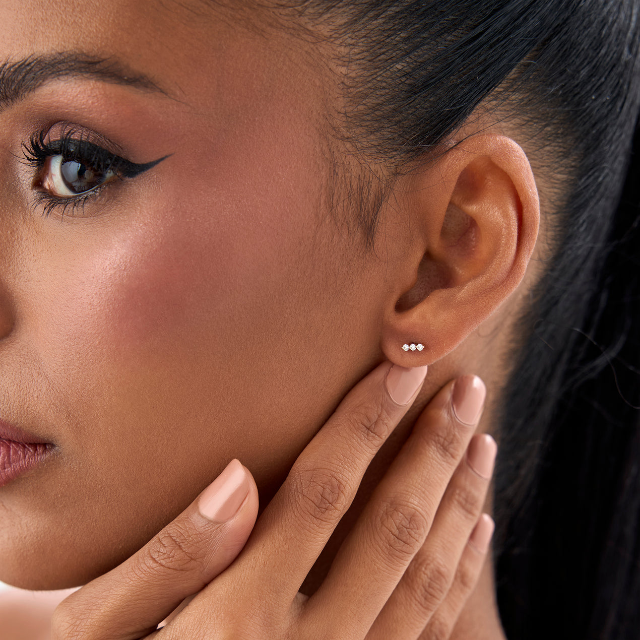 14K Triple Diamond Bar Stud Earrings