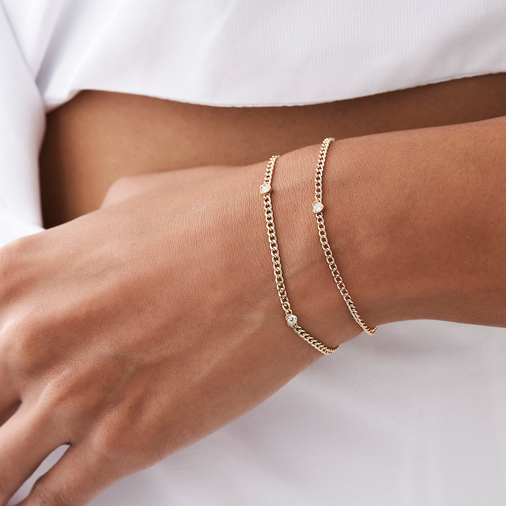 Heart Shape Diamond Curb Bracelet | 14K Gold 2MM Link with Solitaire | Romantic Gift for Her