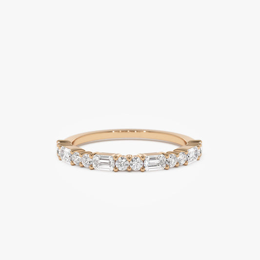 Alternating Emerald and Round Diamond Ring | 14k Gold Geometric Wedding Band | Modern Stackable Ring | Art Deco Inspired Jewelry