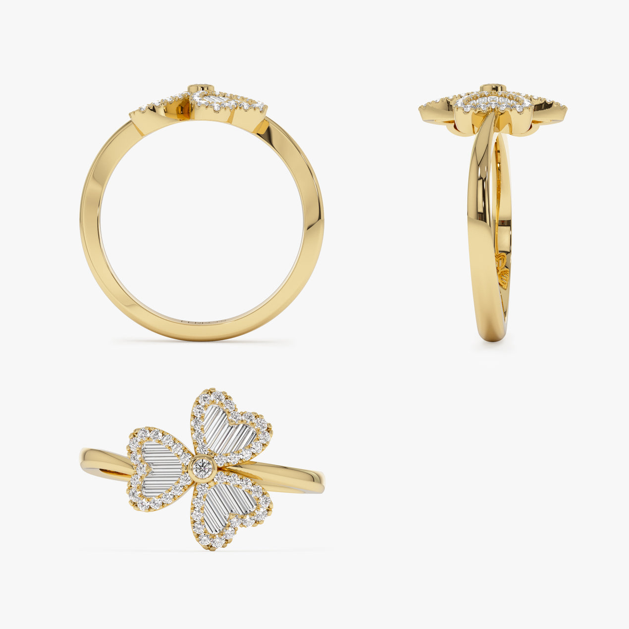 Flower Design Diamond Ring | Baguette and Round Stone 14k Gold Band | Floral Stackable Ring | Unique Gift for Her