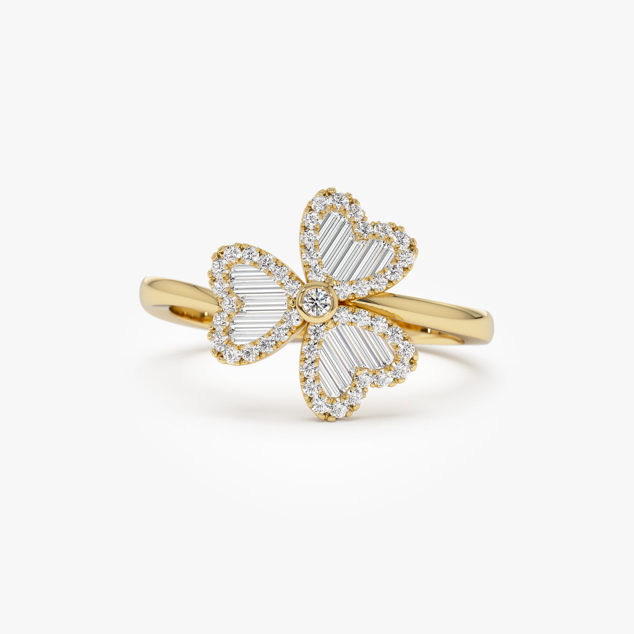 Flower Design Diamond Ring | Baguette and Round Stone 14k Gold Band | Floral Stackable Ring | Unique Gift for Her
