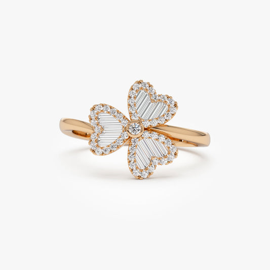 Flower Design Diamond Ring | Baguette and Round Stone 14k Gold Band | Floral Stackable Ring | Unique Gift for Her