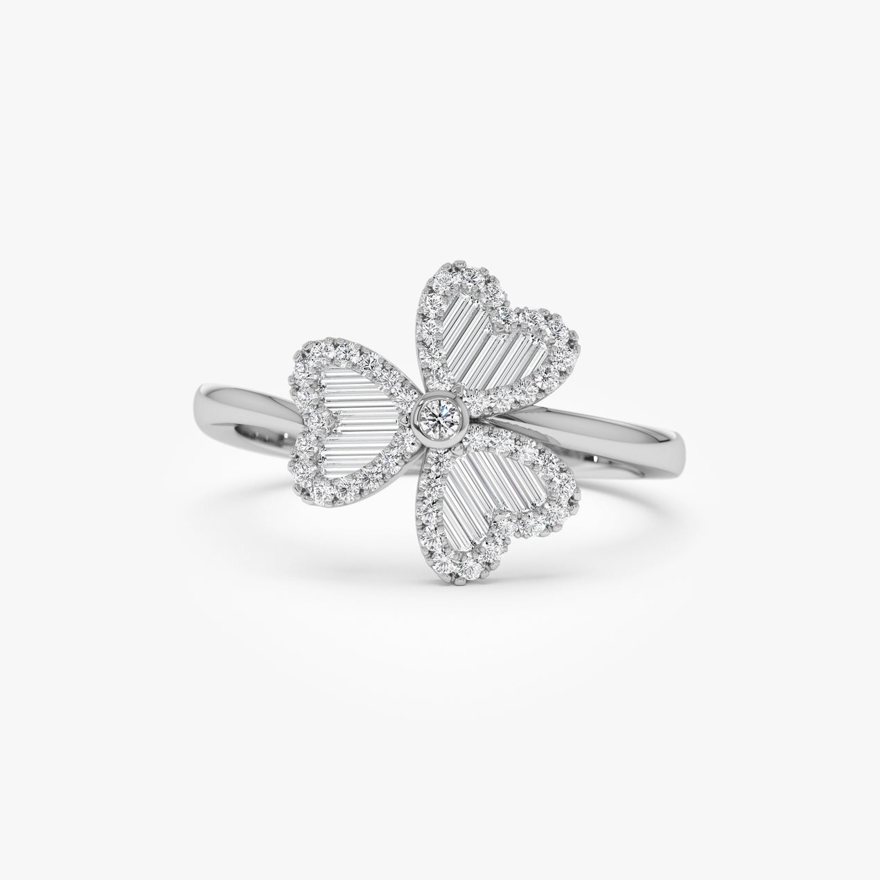 Flower Design Diamond Ring | Baguette and Round Stone 14k Gold Band | Floral Stackable Ring | Unique Gift for Her